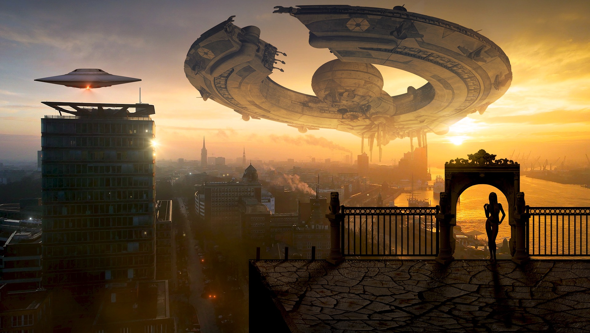 Space ship in the sky over an alien city