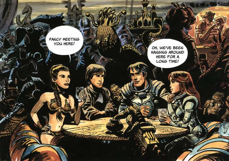 This image shows Laureline and Valerian meeting Princess Leia and Luke